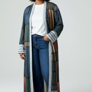 Chic Me Patchwork Pattern Long Open Front Duster-Size 2XL-Long Sleeve-Lt weight